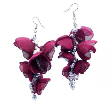 Cercei lungi statement cu flori violet burgundi, handmade, Zia Fashion, Aniela