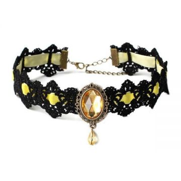 Colier Choker Gothic din dantela neagra transparenta, snur Galben