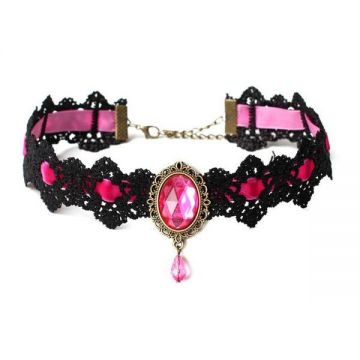 Colier Choker Gothic din dantela neagra transparenta, snur Roz