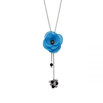 Colier lung elegant, cu perle, otel inoxidabil, floare albastra, Zia Fashion