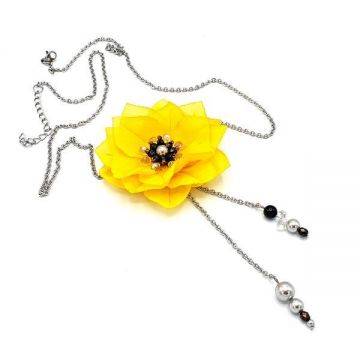 Colier lung elegant, perle, floare galbena, Daisy, Zia Fashion