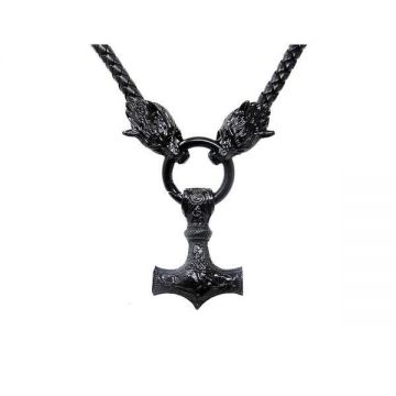 Colier viking, pandantiv cu lup si ciocanul lui Thor, negru