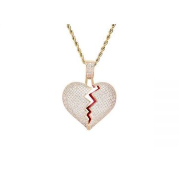 Lantisor Rope cu pandantiv inima franta, hip hop, insertii pietre zirconiu, auriu