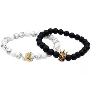 Set 2 bratari unisex din pietre vulcanice cu pandantiv coroana Oem