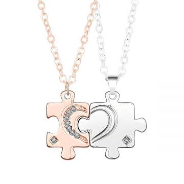 Set 2 lantisoare pentru cupluri model puzzle roz gold