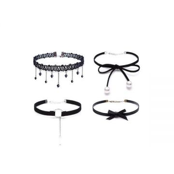 Set 4 colier choker elegant, stiluri multiple, negru