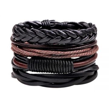 Set de bratari pentru barbati din piele ecologica negre cu maro
