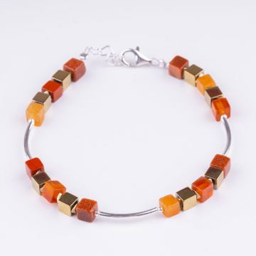 Bratara argint cu tuburi si serii de 5 cubulete din carneol, piatra lunii si hematit auriu