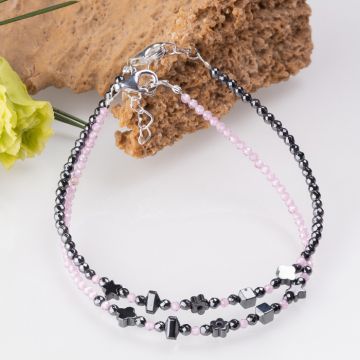 Bratari argint 2 in set din hematit si cubic zirconia roz deschis 1.5 mm
