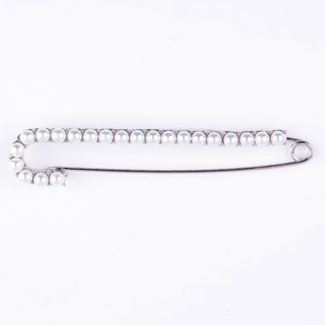 Brosa metalica argintie tip ac cu perle sintetice albe