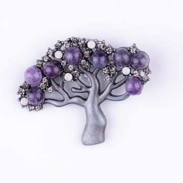 Brosa pandant metalica Pomul Vietii argintiu mat cu pietre naturale de ametist