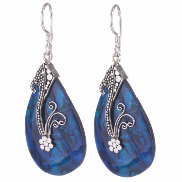 Cercei din argint 925 cu scoica naturala paua shell albastra si decoratiune florala de argint