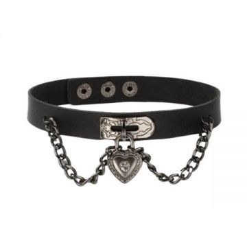 Lantisor choker din piele ecologica cu pandantiv lant si lacat in forma de inima