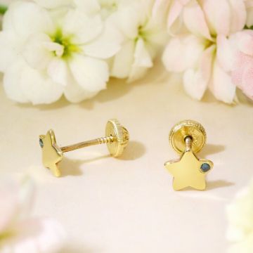 Cercei bebe/fetite cu Diamant natural albastru- Model stelute - Aur Galben 9K - Inchizatoare sigura si confortabila cu filet