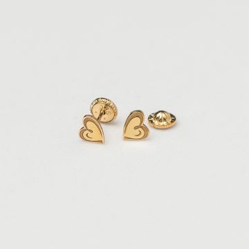 Cercei copii/bebe - Model inima conturata - Aur Galben 9K - Inchizatoare sigura si confortabila cu filet