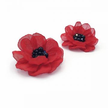 Cercei cu clips floare rosie mijloc negru 5 cm, Corizmi, Ruby