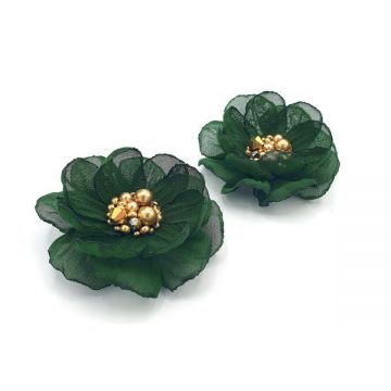 Cercei cu clips floare verde mijloc auriu cu perle si cristale 5 cm, Corizmi, Olivia