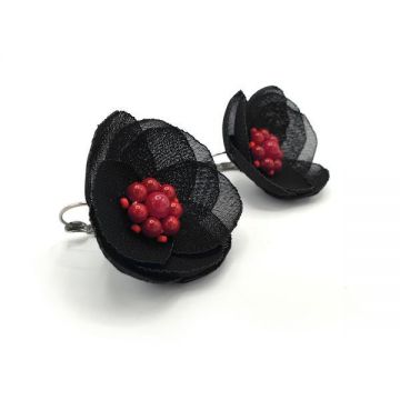 Cercei cu tortita floare neagra mijloc rosu cu perle, Corizmi, Elara