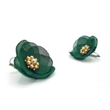 Cercei cu tortita floare verde mijloc auriu cu perle, Corizmi, Eliza