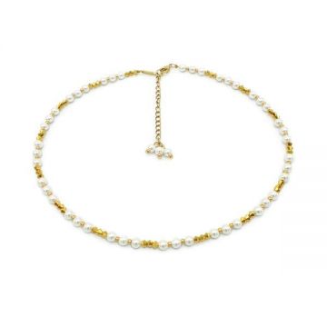 Colier subtire la baza gatului sau bratara perle si cristale mici alb si auriu, Corizmi, Sweet Pearl