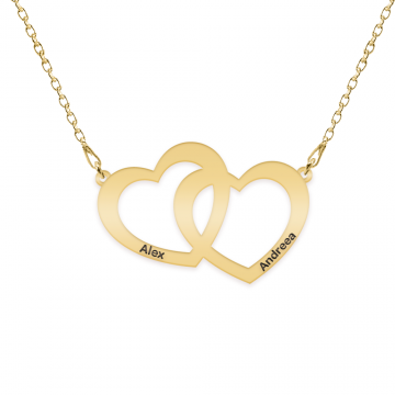Edith - Colier personalizat cu doua inimioare unite si nume din argint 925 placat cu aur galben 24 karate