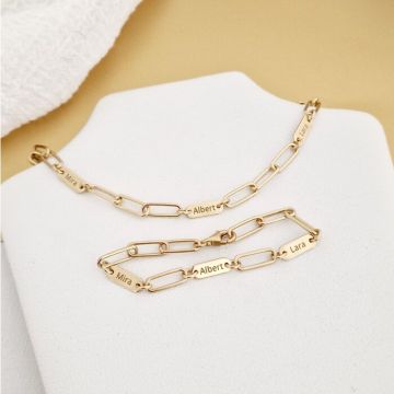 Set lantisor si bratara TOTUL MEU - 3 placute personalizate si lant din zale mari - Argint 925 placat cu Aur Galben 18K