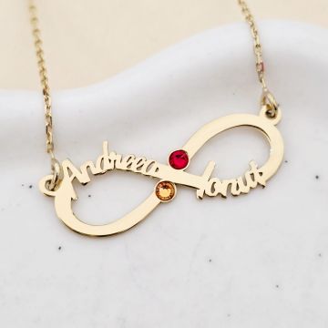 Lantisor Etern - Infint cu 2 nume decupate si cristale Swarovski - Argint 925 placat cu Aur Galben 18K