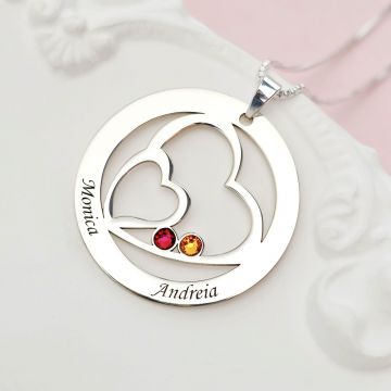 Lantisor Familie unita - Inimi in disc - 2 nume si cristale Swarovski - Argint 925
