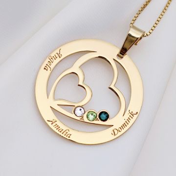 Lantisor Familie unita - Inimi in disc - 3 nume si cristale Swarovski - Argint 925 placat cu Aur Galben 18K