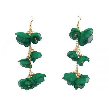 Cercei foarte lungi cu flori din voal, culoarea verde cu perle aurii, Corizmi, Green Blooms