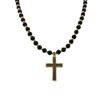 Colier unisex din inox, Desire, de tip rozariu, cu pandativ tip cruce, ambalat in cutie deosebita, Cristale mici
