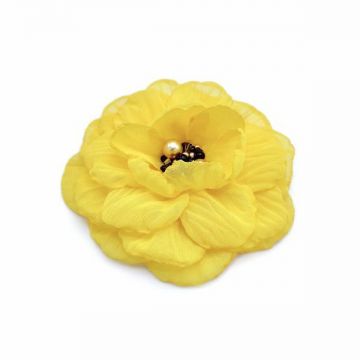Brosa eleganta floare galbena din voal mijloc negru cu auriu 8.5 cm, Corizmi, Sole