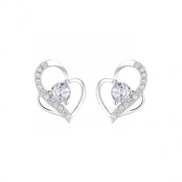 Cercei argint 925, JW840, model inima cu zirconiu alb, placati cu rodiu