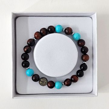 Brățară Amethyst Red Tiger Eye & Turquoise, din pietre semiprețioase si charm pomul vietii, in cutie cadou