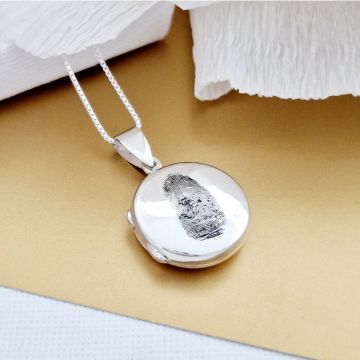 Lantisor cu medalion rotund 18 mm cu amprenta digitala si poza in interior - Gravura personalizata - Argint 925