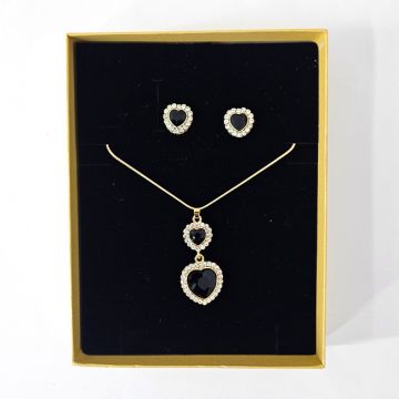 Set accesorii Feeling, din inox, cu cercei, lantisor si pandativ cu cristale, in cutie eleganta, Auriu/Negru