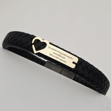 Bratara barbateasca - Inima si placuta personalizata - Aur Galben 9K - Piele lata impletita cu inchizatoare inox