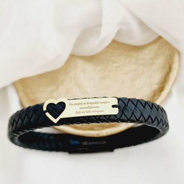 Bratara barbateasca - Inima si placuta personalizata - Aur Galben 9K - Piele lata impletita cu inchizatoare inox