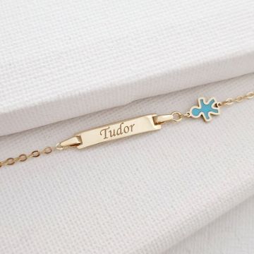 Bratara bebe - Personalizata cu nume - Placuta cu baiat si lant gros - Aur Galben 14K si Blue Mother of Pearl