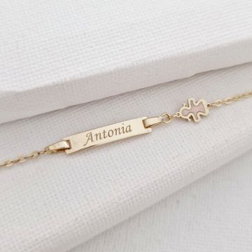 Bratara bebe - Personalizata cu nume - Placuta cu fetita si lant gros - Aur Galben 14K si Pink Mother of Pearl