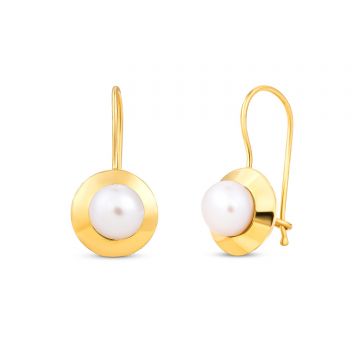Cercei din aur 14K Long Hook, Circle and Pearls