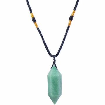 Colier cu cristal vindecator Aventurin verde 4-5 cm, in forma hexagonala cu dublu varf si saculet satin negru ,   pentru protectie, vointa si noroc