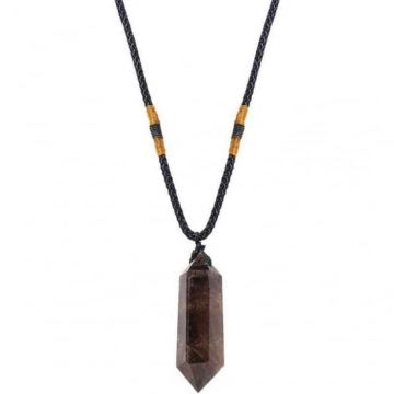 Colier cu cristal vindecator Cuart fumuriu 4-5 cm, in forma hexagonala cu dublu varf si saculet satin negru ,   pentru protectie, vointa si noroc