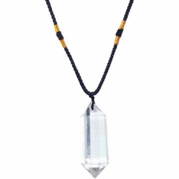 Colier cu cristal vindecator Cuart transparent 4-5 cm, in forma hexagonala cu dublu varf si saculet satin negru ,   pentru protectie, vointa si noroc