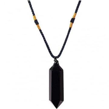 Colier cu cristal vindecator Obsidian 4-5 cm, in forma hexagonala cu dublu varf si saculet satin negru ,   pentru protectie, vointa si noroc