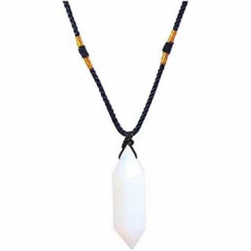 Colier cu cristal vindecator Opal 4-5 cm, in forma hexagonala cu dublu varf si saculet satin negru ,   pentru protectie, vointa si noroc