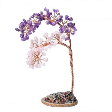 Copac pietre semipretioase ametist si cuart Roz pe felie de agat ,   Decor cristal feng shui, accesorii pentru birou, cristale pentru meditatie