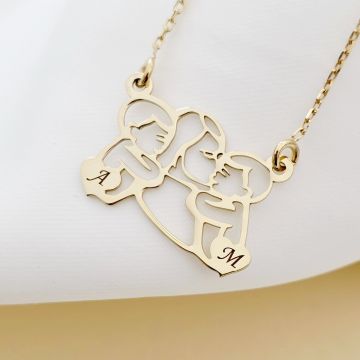Lantisor In inima mamei - Pandantiv Mama&baieti si inimi cu initiale - Argint 925 placat cu Aur Galben 18K