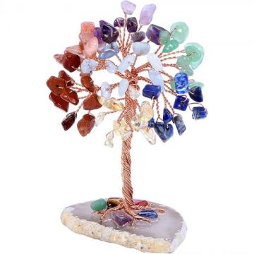 Mini Copacel pietre semipretioase 7 chakra pe felie de agat ,   decor cristal feng shui, accesorii pentru birou, cristale pentru meditatie