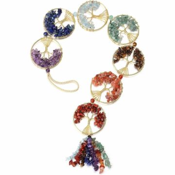 Ornament de agatat cu 7 chakre reprezentate cu arborele vietii lucrat manual cu pietre semipretioase si cristale vindecatoare - Ornament de meditatie, decor feng shui pentru casa, birou, masina